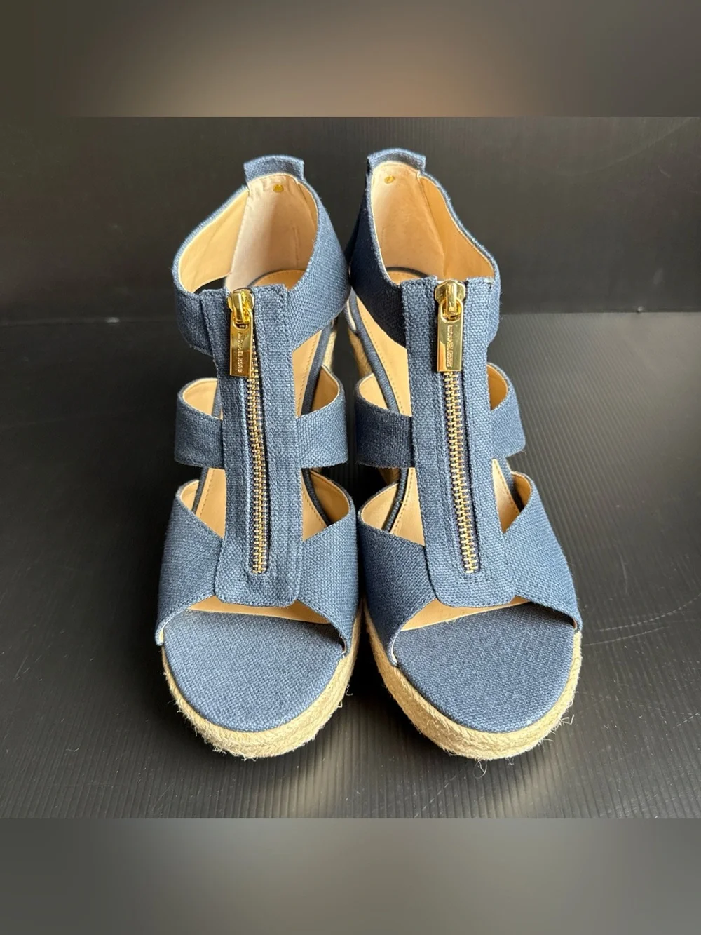 Pre-Owned Michael Kors Navy Canvas Damita Wedge Espadrille Women’s Size 9.5